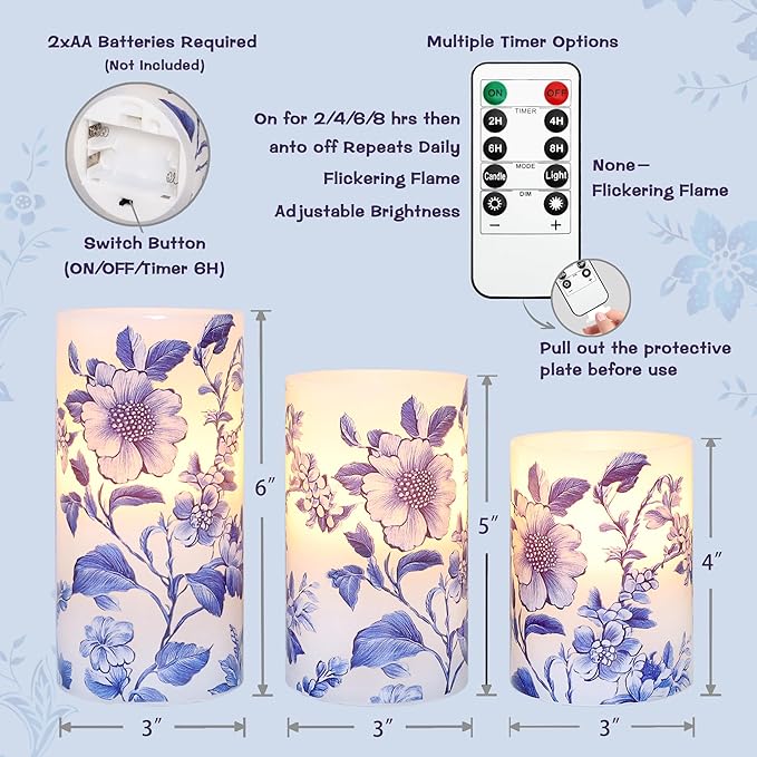 Flameless Candles Blue and White Porcelain Floral Chinoiserie Decor Battery Operated with Remote Real Wax Dripless Candle Vintage Decorative for Christmas Gift Wedding Home Party Decor