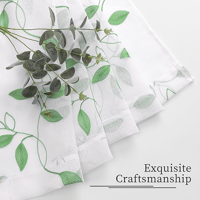 Tollpiz Green Leaf Sheer Curtain Leaves Embroidered Bedroom Curtains Rod Pocket Voile Window Treatment for Living Room, 54 x 95 inches Long, Set of 2 Panels