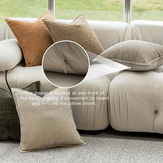 DWR Decorative Throw Pillow Covers Set of 2, 18x18 Crinkled Chenille Textured Cushion Covers for Couch, Sofa or Bed, Modern Rustic Home Accent in Linen Beige/Natural Taupe