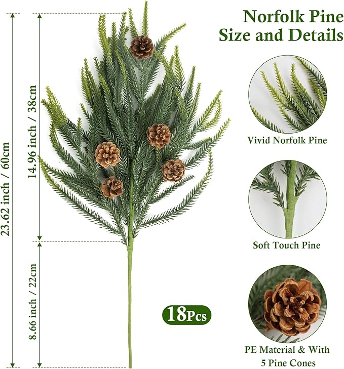 N&T NIETING 24in Christmas Norfolk Pine Stems Real Touch Artificial Norfolk Pine Branches with Pine Cones Stems Faux DIY Greenery Pine Picks for Xmas Indoor Outdoor Home Décor(18 Pcs)