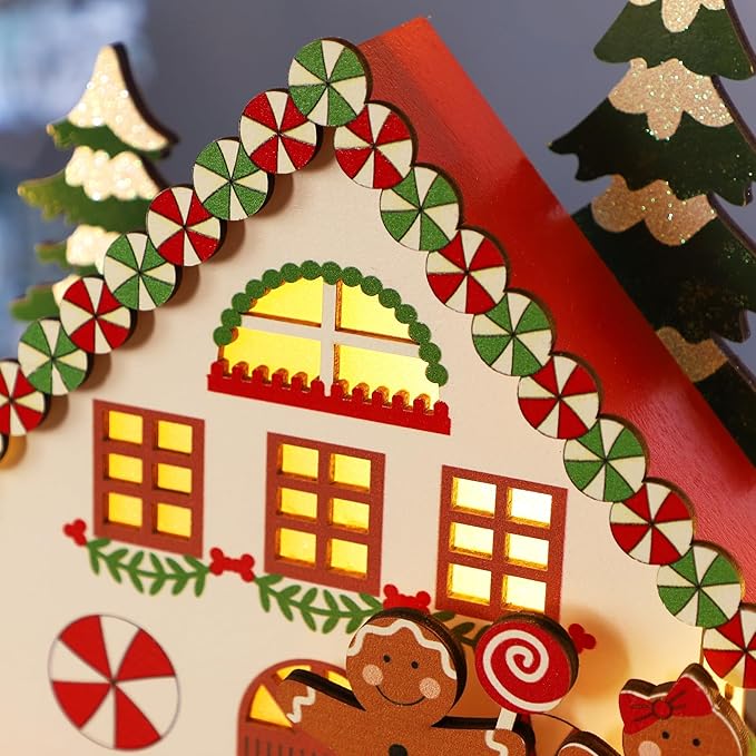 Christmas Tabletop Decoration, Wooden Lighted Gingerbread House Ornaments, Battery Operated Christmas Indoor Fireplace Home Table Decorations