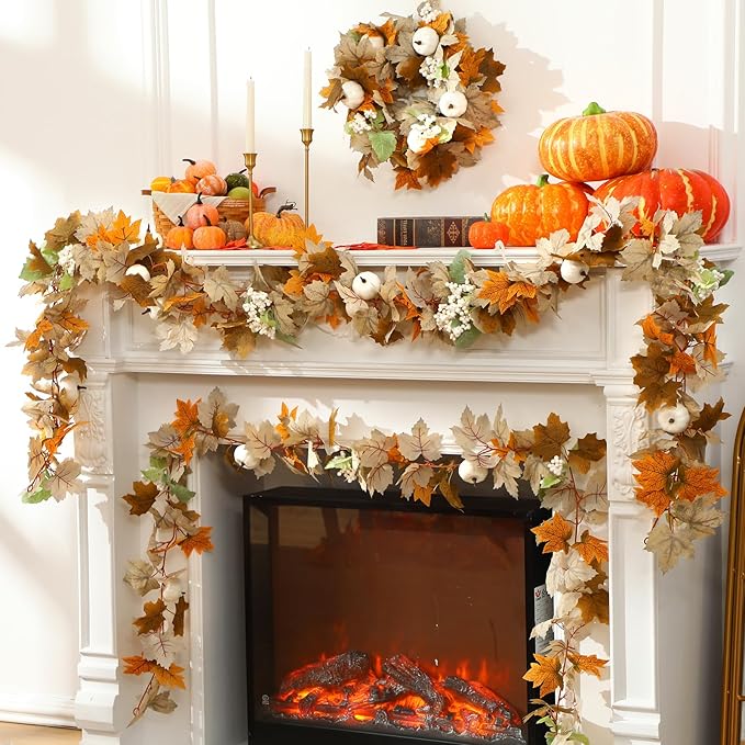 4 Pcs Fall Garland Fall Decor 9ft Autumn Maple Leaves Pumpkin Berry Garland Thanksgiving Halloween Mantle Fireplace Farmhouse Harvest Decorations for Home Mantle Fireplace Porch Table