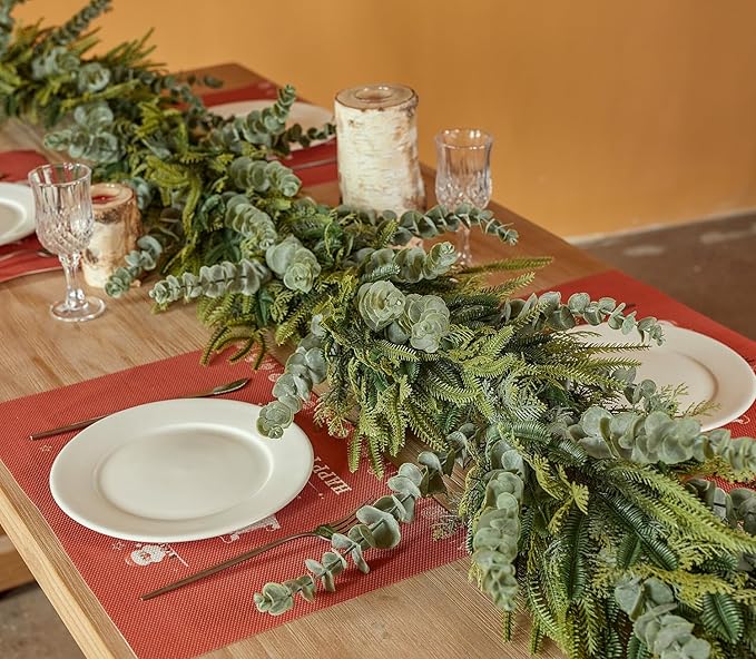 9ft Handmade Christmas Garland,Artificial Eucalyptus Cedar Pine Needles Greenery Seasonal Garland for Christmas Fireplace Winter Holiday Indoor Outdoor Decoration