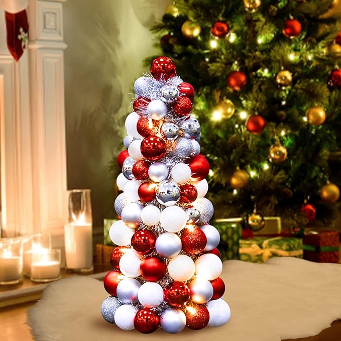 Amooca 16in Christmas Ball Tree with LED Lights Table Centerpiece Fireplace Decor Indoor Holiday Party Home Decoration Red White Silver
