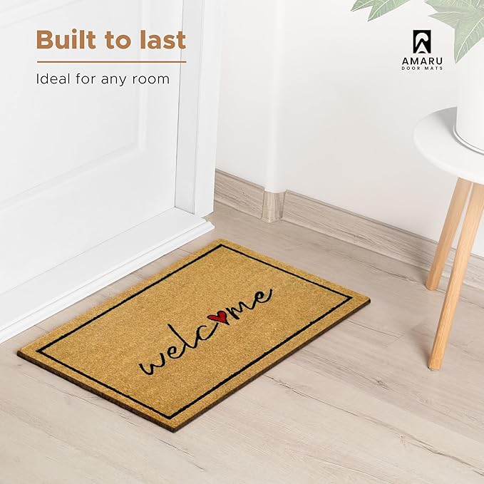 Welcome - 17"x29" - Coir Door Mat with Heavy Duty Backing - Welcome Mats for Entryway, Porch - Anti-Slip PVC & Coconut Fiber Surface - Natural Home Accessories, Minimalist Original Design
