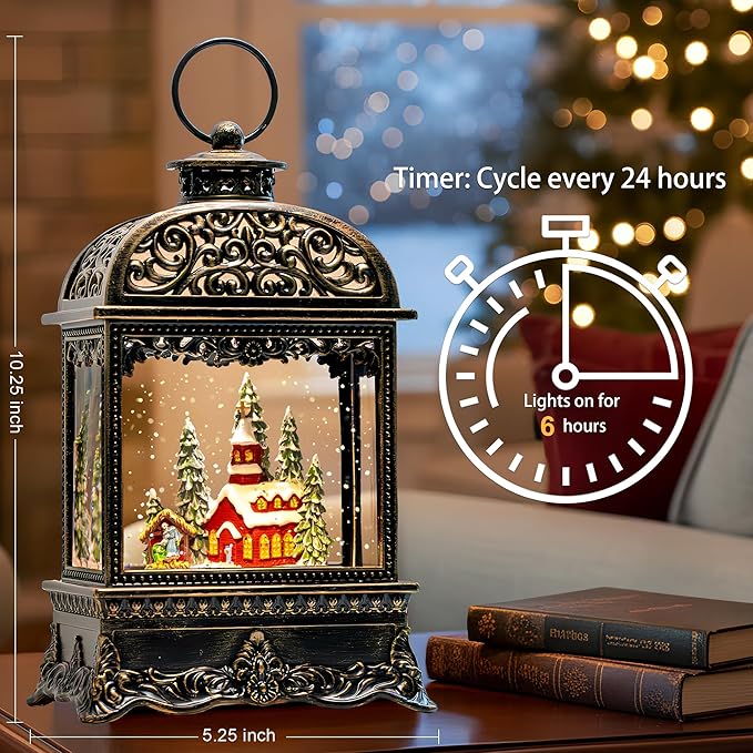 10.2" Christmas Snow Globe Water Lantern with Church Carolers Scene Battery Operated or USB Powered Musical Lighted Holiday Decoration for Tabletop Display for Family and Friends
