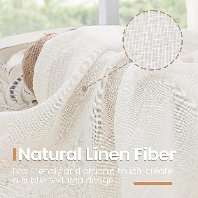 BGment Linen Semi Sheer Curtains 63 Inch Length for Living Room - Ivory Textured Light Filtering Window Drapes with Rod Pocket Lightweight Rustic for Farmhouse Bedroom, 2 Panels Set, 52 X 63 Inch