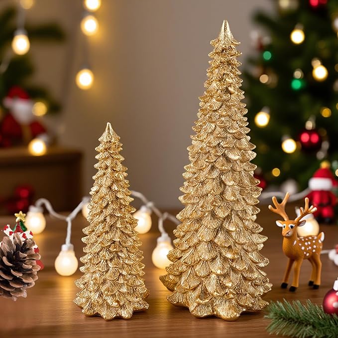 2Pcs Christmas Tree Decoration Figurines, Christmas Tree Statues Glittered Resin Desktop Mini Small Tabletop Ornaments Holiday Fireplace Home Decor Gifts (Glod)
