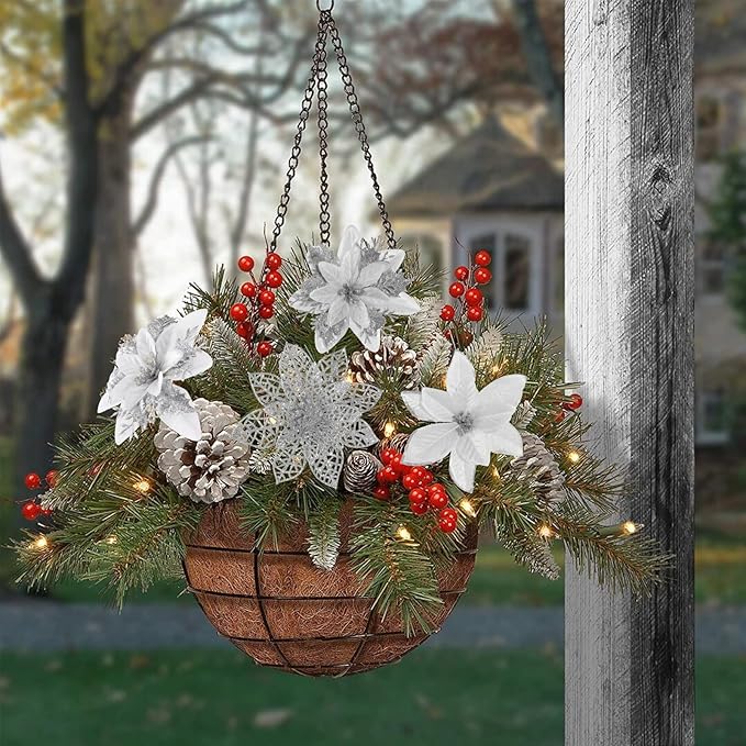 Floweroyal 30pcs Poinsettia Artificial Christmas Flowers Decorations with Clips and Berry Stems Glitter Ornaments for Christmas Tree Wreath Fireplace Stairs Decor (Silver-3 Styles)