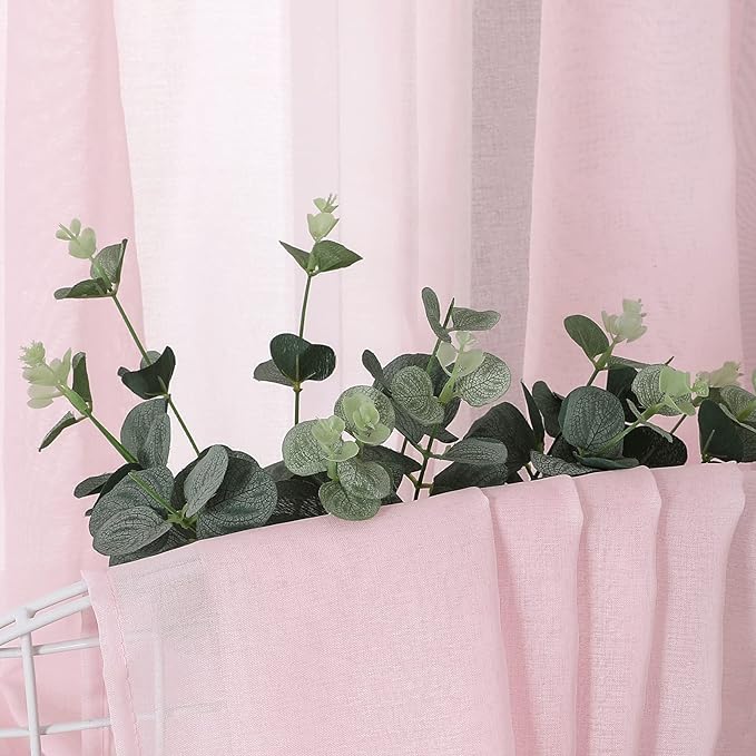 Tollpiz Sheer Tier Curtain Linen Textured Half Kitchen Curtains Sheer Light Filtering Rod Pocket Voile Small Curtains for Bathroom, 25 x 36 inches Long, Pink, Set of 2 Panels