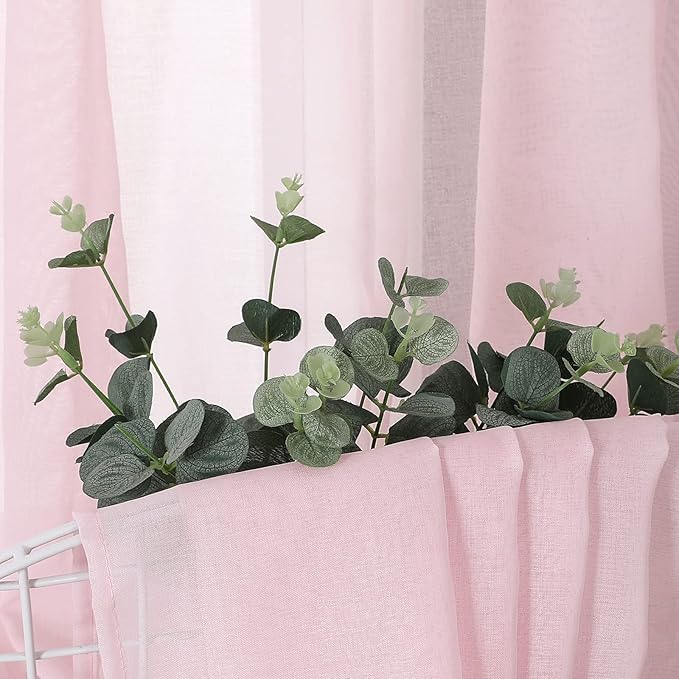Tollpiz Short Sheer Curtains Linen Textured Bedroom Curtain Sheers Light Filtering Rod Pocket Voile Curtains for Living Room, 54 x 45 inches Long, Pink, Set of 2 Panels