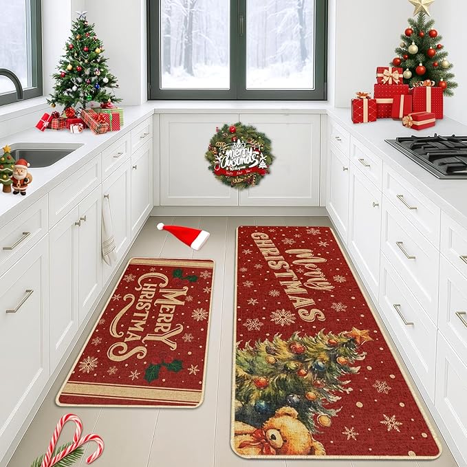 Christmas Snowflake Tree Kitchen Rugs and Mats Non Skid Washable Set of 2, Bear Xmas Kitchen Mats for Floor Decor