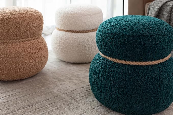 Snowman Footstool Ottoman Vanity Stool Small Upholstered Teddy Boucle Ottoman Shoe Stool Cute Stool Sofa Footrest Stool for Living Room Bedroom Entrance (Blackish Green)