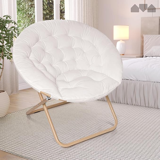 Milliard Cozy Chair/Velour Saucer Accent Chair for Bedroom/X-Large (White/Wood-Tone)