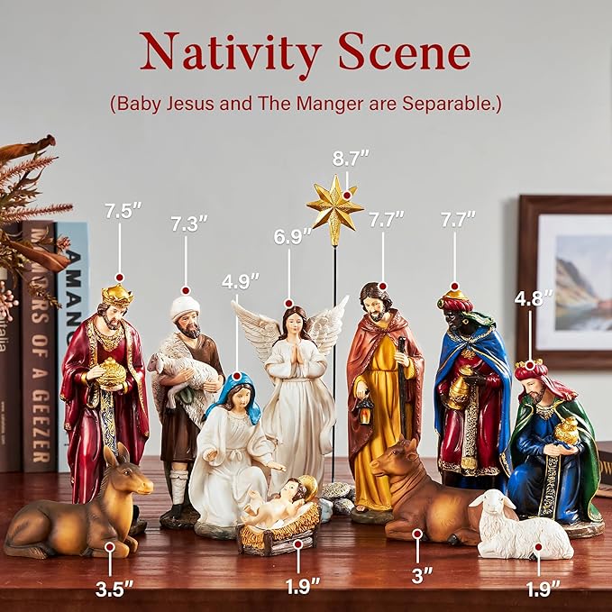Nativity Sets for Christmas Indoor Set of 13 Pieces 7.9 Inches Tabletop Holidays Decor Nativity Scene Resin Figurines Set Religious Decorations Collection Gifts