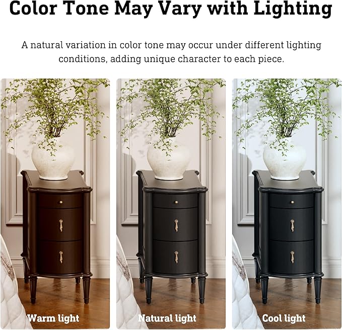 STO'SENSE Nightstand w/Charging Station & 3 Drawers, Pre-Assembled, Vintage Side Table w/Antique-Finished Pulls, Rustic Wood Finish, Narrow End Table w/Turned Legs for Bedroom (1, Black)