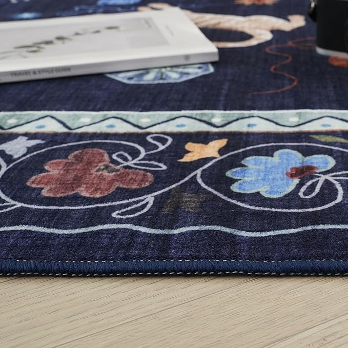 Rugcomf Area Rugs 8x10 Rug for Living Room Clearance Washable Boho Area Rug Non Slip Floral Animal Cat Vintage Low Pile Large Rug for Bedroom Farmhouse Dining Room Kids Playroom, Cobalt Blue