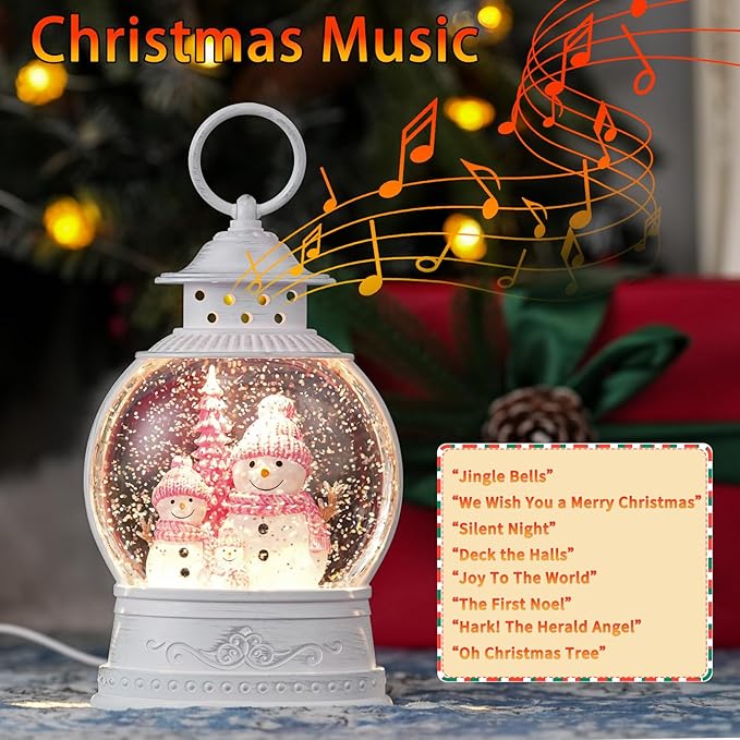 Christmas Snow Globes, Pink Snowman Family Musical Snow Globe Lantern with Timer, USB or Battery Operated, Lighted Christmas Home Decorations Indoor