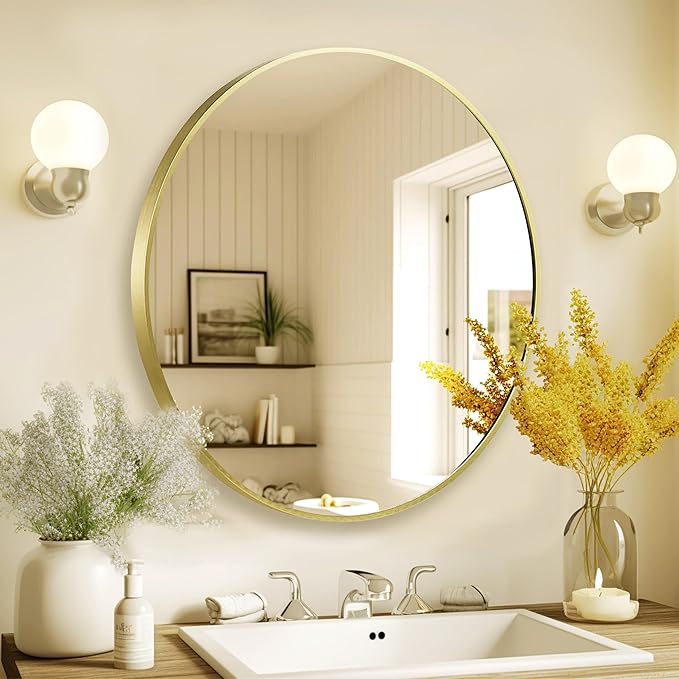 Gold Round Mirror 30 inch, Matte Gold Bathroom Mirror for Vanity, Brushed Metal Framed Circular Wall Mirror for Living Room, Hallway, Entryway