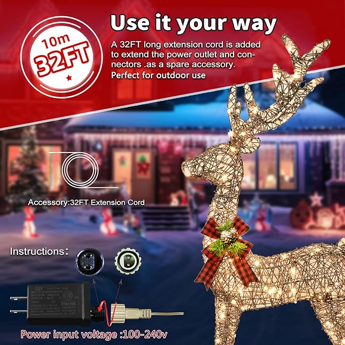 Christmas Decorations Outdoors Reindeer Family - Light up Christmas Decor Brown Deer 3 Piece with LED Lights, Extension Cord, Ground Stakes, for Outdoor Front Yard Porch - Brown