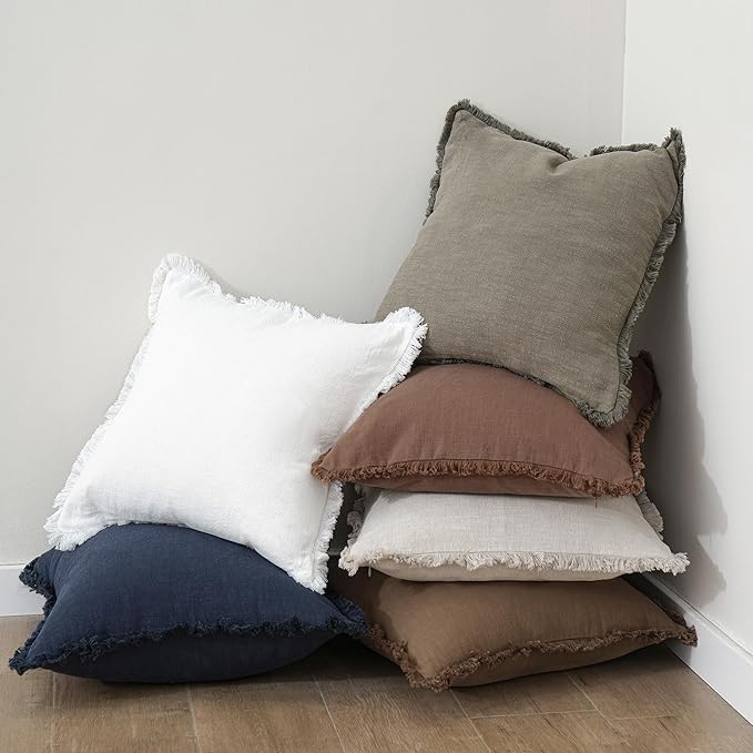 Foindtower Set of 2 Decorative Linen Fringe Throw Pillow Covers Cozy Boho Farmhouse Cushion Cover with Tassels Soft Accent Pillowcase for Couch Sofa Bed Living Room Home Decor,16×16 Inch,White