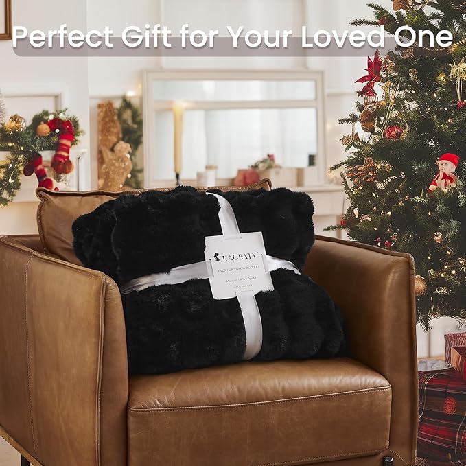 L'AGRATY Faux Rabbit Fur Blanket: 90" x 90" Queen Luxury Soft Fluffy Thick Fur Throw Blanket for Couch Bed Sofa - Cozy Plush Bubble Blankets for Winter: Flannel Fleece Decorative Blanket(Black)