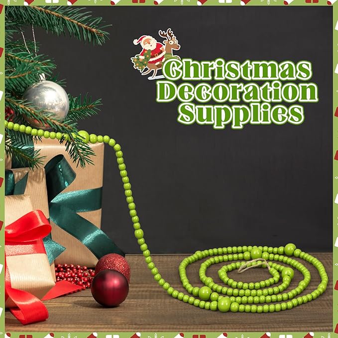 12 Feet Christmas Wooden Beads Garland Round Craft Farmhouse Vintage Wood Bead Garlands for Xmas Decoration Supplies(Green)
