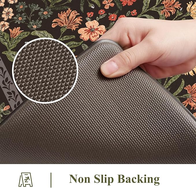 Collive Anti Fatigue Mat for Kitchen Floor, Waterproof Cushioned Sink Mats Non Slip Floral Kitchen Rugs Set of 2, Black Comfort Modern Standing Rug for Office, Laundry, Desk, 17"x30"+17"x47"