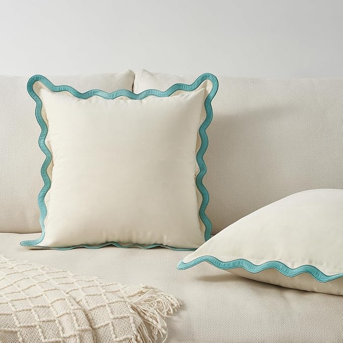 MONDAY MOOSE Decorative Throw Pillow Covers Cushion Cases, Set of 2 Soft Velvet Scalloped Wavy Edge Designs, Mix and Match for Home Decor, Pillow Inserts Not Included (White/Light Blue, 18x18 inch)