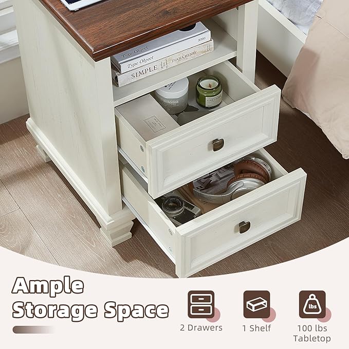 Farmhouse Side Table with Charging Station, Rustic White Nightstand,2 Drawers End Table for Living Room,Bedside Table with Open Shelf for Bed Room,White