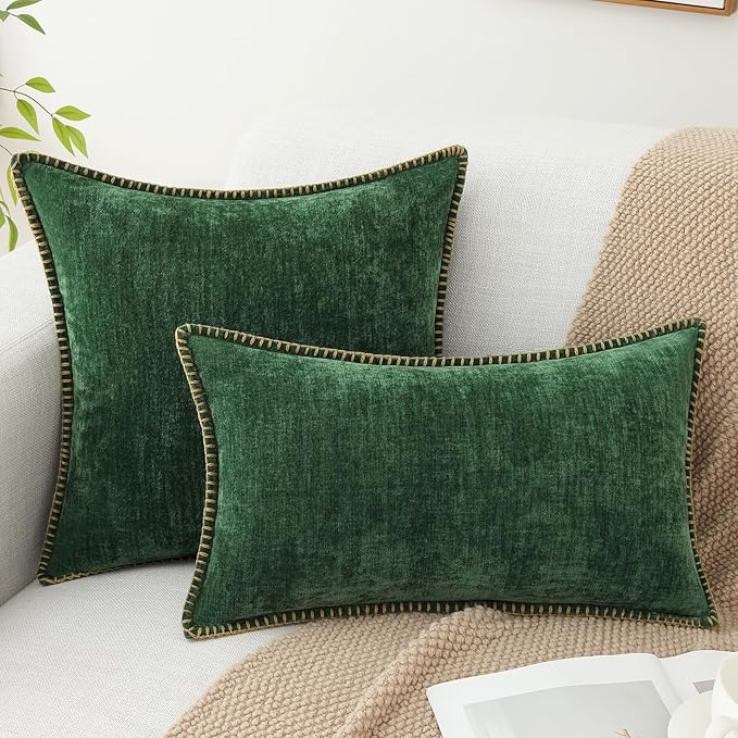 decorUhome Christmas Chenille Soft Throw Pillow Covers 22x22 Set of 2, Farmhouse Velvet Neutral Decorative Euro Pillow Covers with Stitched Edge for Couch Sofa Bed Home Decor, Green