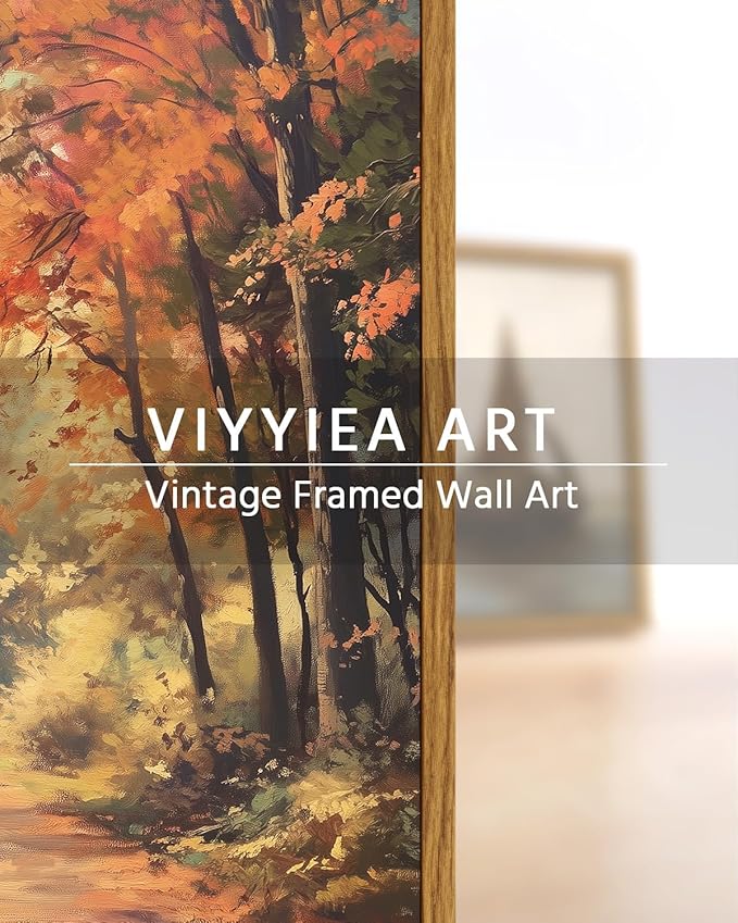 VIYYIEA Vintage Framed Canvas Wall Art, Autumn Forest Art Prints, Rustic Fall Landscape Decor for Living Dining Therapy Study Room Hallway Office Bedroom, Farmhouse Country Decor,12x16 Inch