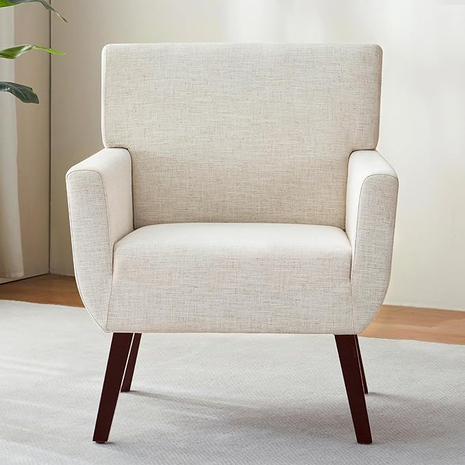 Upholstered Accent Chair,Mid Century Modern Linen Fabric Small Living Room Chair with Arm,Comfy Wingback Armchair for Bedroom Reading Beige