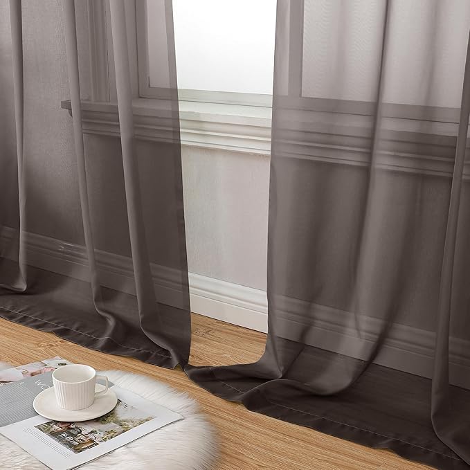 Aiyufeng Chocolate Sheer Curtains 54 Inches Long 2 Panels, Solid Voile Top Dual Rod Pockets Stylish Breathable Drapes Window Treatment for Kid's Room/Bedroom/Living Room, 42W x 54L, Chocolate Brown