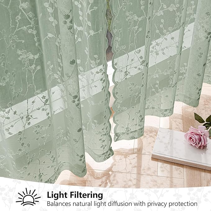 Sage Green Lace Semi-Sheer Curtains 2 Panels – Vintage Branch Pattern for Bedroom/Kitchen, Rustic Privacy Light Filtering Rod Pocket Drapes, Elegant Chic Window Treatments, 52W x 45L Inch