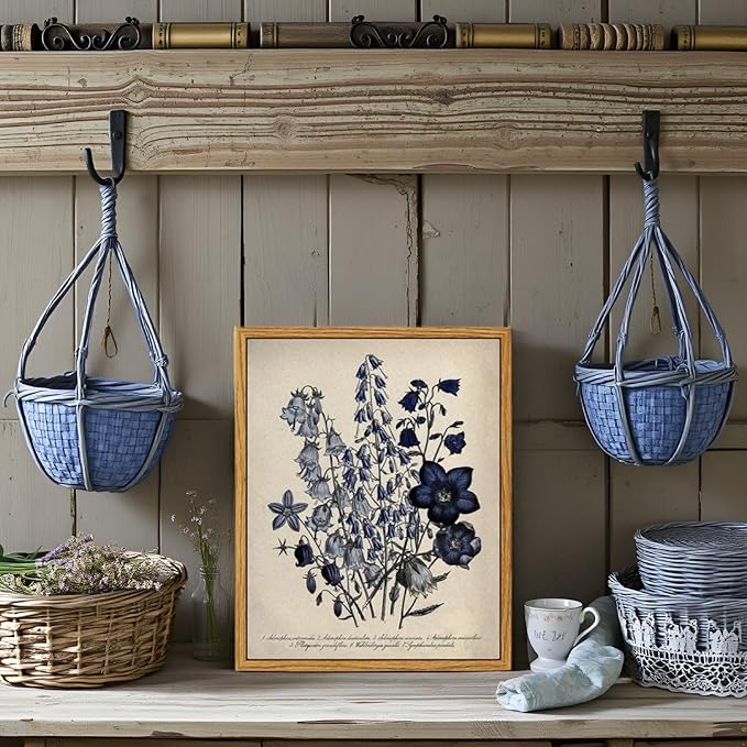 VIYYIEA Vintage Framed Botanical Wall Art Decor, Living Room Bedroom Blue Campanula Pictures Retro Wall Decor, Framed Canvas Prints Artwork, Farmhouse Flower Paintings,8x10 Inch