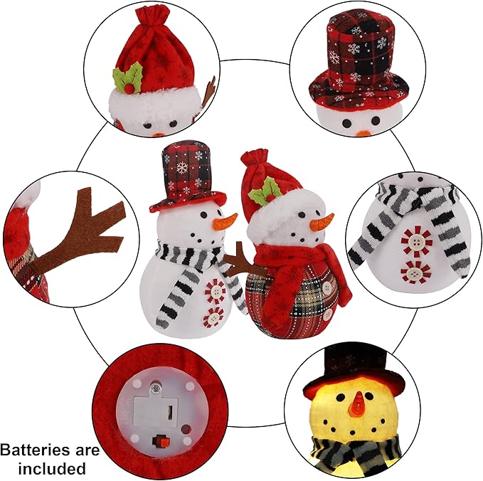 Christmas Table Decorations, 2 Pcs Snowman with Warm White LED Lights, Xmas Table Top Snowmen Decor for Winter Home Kitchen Mantle Room Office Holiday Party