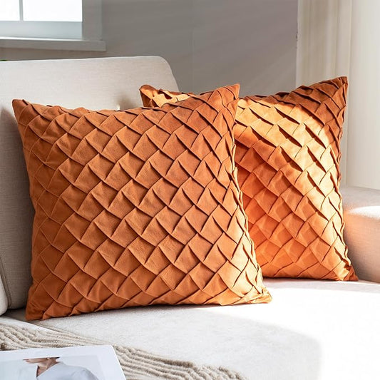 Velvet Decorative Throw Pillow Covers Set of 2, 18x18 Inch Soft Modern Weave Cushion Case, Farmhouse Home Decor Pillowcase for Sofa Living Room Couch Bed Orange