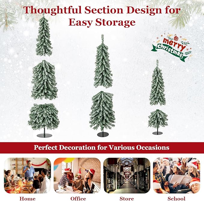 GOFLAME Set of 3 Pre-Lit Artificial Christmas Tree, Flocked Pencil Xmas Trees 4FT, 5FT and 6FT with Drooping Branches, Soft White Cotton, LED Lights, Holiday Decoration Tree for Home Office Party