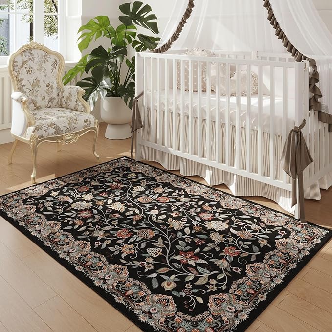 Rugcomf Vintage Paisley Rugs for Bedroom 4'x6' - Machine Washable Area Rug, Non-Slip Low Pile Floral Carpet for Girl/Boys Room, Living Room, Kids, Entry - Black