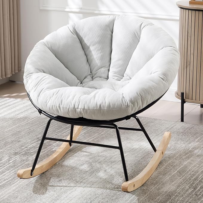 NIOIIKIT Nursery Saucer Rocking Chair, Corduroy Upholstered Round Glider Chair, Nursing Chair with Comfy Cushion, Tufted Papasan Chair, Cozy Reading Chair for Living Room, Bedroom (Beige)
