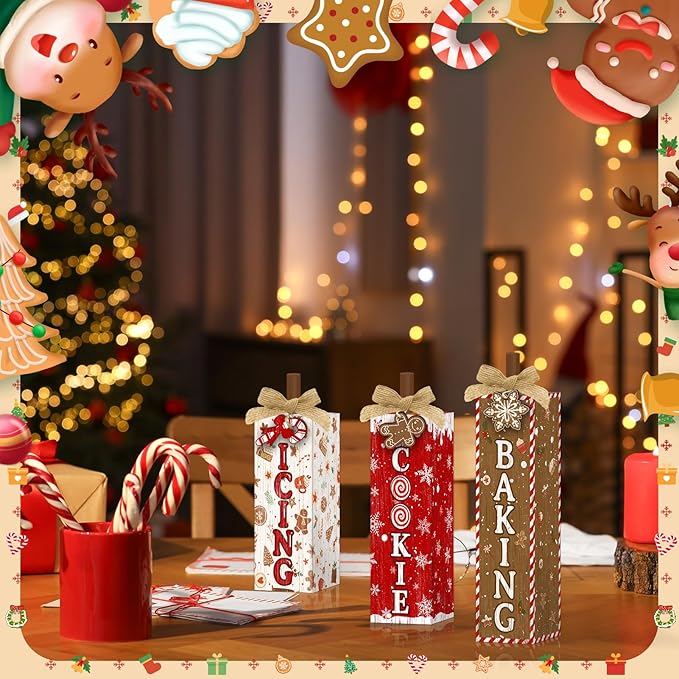 Britimes 3 Pcs Christmas Baking Wooden Table Block Signs, Farmhouse Gingerbread Candy Cane Cookie Print Tiered Tray Decor Rustic Holiday Tabletop Centerpieces for Kitchen Home Winter Decorations