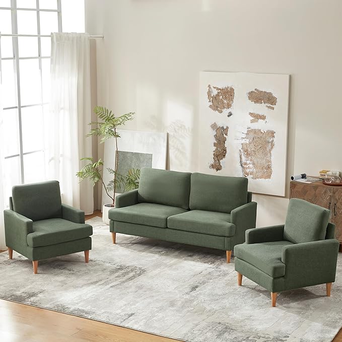 VKNOW Mid-Century Accent Chairs Set fo 2, Modern Upholstered Armchair for Living Room,Comfy Reading Accent Chairs with Wood Legs for Bedroom, Green Polyester