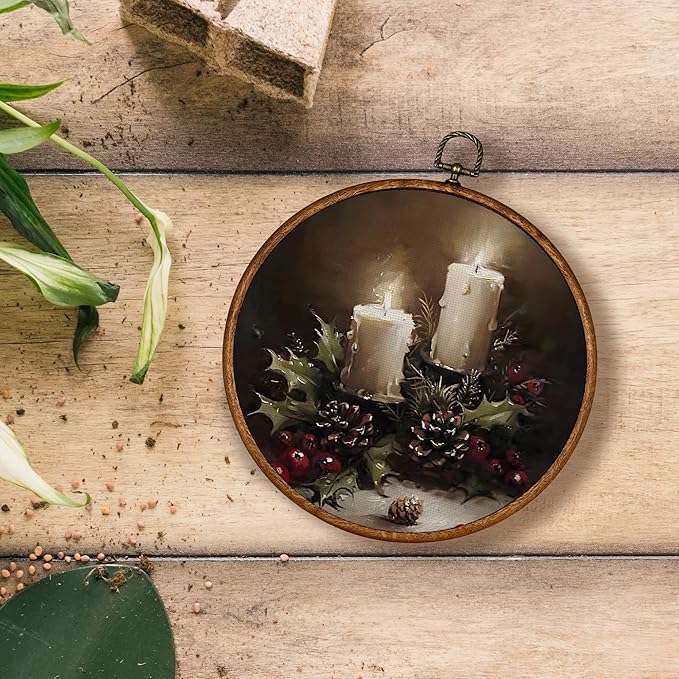 KSDUT Vintage Christmas Wall Decor Art - Vintage Christmas Candle Wall Art Canvas Frame Hanging Prints, Merry Xmas Holiday Round Wall Art Decor for Home Farmhouse Decorations 10"x10"