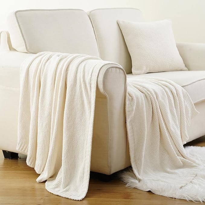 BATTILO HOME White Chenille Throw Blanket for Couch, Knit Cream Chenille Blanket for Bed, Sofa, Home Decor, Soft Warm Ivory Throw Blankets for Farmhouse,51"x67"