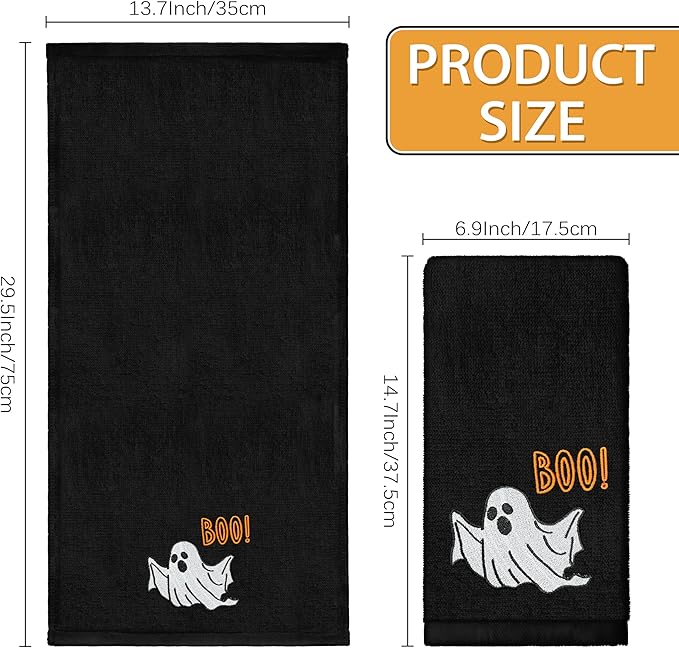 Halloween Hand Towels Set of 2 Embroidered Boo Ghost Dish Towels 13.7 x 29.5 Inch Spooky Home Decor Holiday Decorative Towels for Kitchen Bathroom