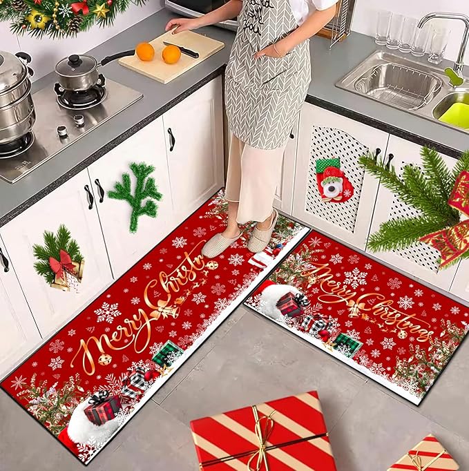 ACZHHZC Merry Christmas Kitchen Rugs and Mats Set of 2, Winter Snowflake Xmas Tree Holiday Home Kitchen Decor Floor Mats, Washable Non-Slip Sink Carpet (Christma 3, 17"x47"+17"x30")