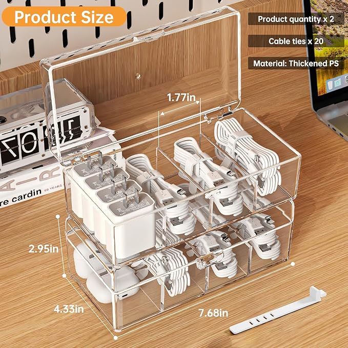 2 Pack Cable Organizer Box with Lid, Clear charging cord organizer box with 4 Compartments & 20 Wire Ties, Charger Cord Storage for Desk Drawer, Home Office Organization Accessories