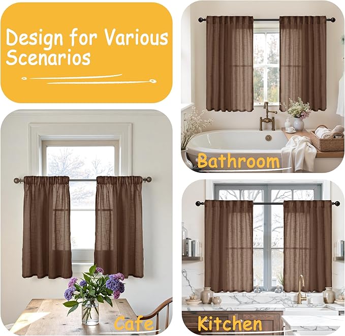 YoungsTex Short Linen Curtains 36 Inch Length for Kitchen Window Over Sink - Brown Light Filtering Drapes Semi Sheer with Rod Pocket Back Tab for Cafe Bathroom Window, 2 Panels, 34 X 36 Inch