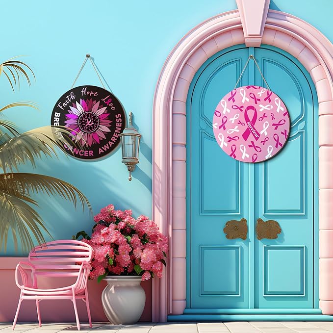 3 Pcs Breast Cancer Awareness Decoration Pink Ribbon Front Door Decor Signs Faith Hope Love Wooden Wreath Breast Cancer Awareness Door Hanger for Farmhouse Home Office Decor